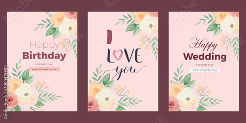 Set of floral greeting cards with love and birthday wishes