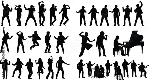 Singer and musician silhouettes collection featuring vocal performance dancing guitar playing piano and live band entertainment isolated on white background