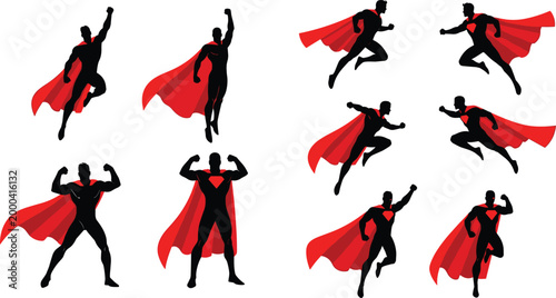 Superhero silhouette set with flying and jumping poses, dynamic red cape characters illustrating strength, power, action, and comic style design