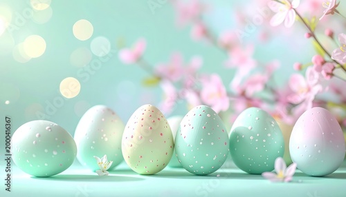 A vibrant arrangement of pastel-colored Easter eggs rests on a soft turquoise surface, adorned with delicate pink cherry blossoms and shimmering bokeh lights, evoking a sense of springtime joy.