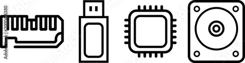 Collection of simple line art icons representing modern digital storage and processing computer components