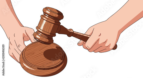 Two hands holding a wooden gavel and striking a sound block, symbolizing legal authority and justice