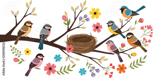 Colorful illustration of birds perched on a tree branch with flowers and a nest in a natural springtime setting with multiple species