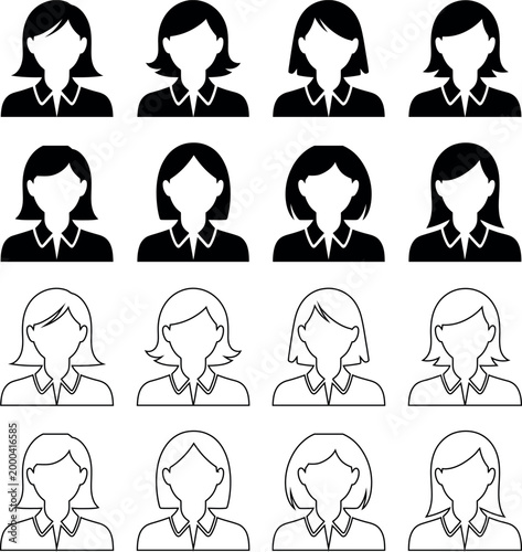 Collection of twelve diverse business profile icon avatars featuring women with different hairstyles and solid or outline styles