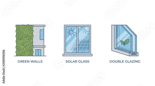 Illustrated Concepts of Sustainable Building Technology Green Walls, Solar Glass Integration, and Double Glazing for Energy-Efficient Architecture