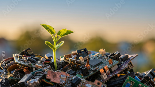 A small green plant sprout growing through a pile of discarded electronic circuit boards and e-waste
