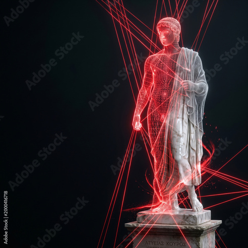Futuristic conceptual view of an ancient Greek male statue on a pedestal, with a half-marbled, half-wireframe structure scanned by glowing red laser beams and particle effects, against a dark backgrou