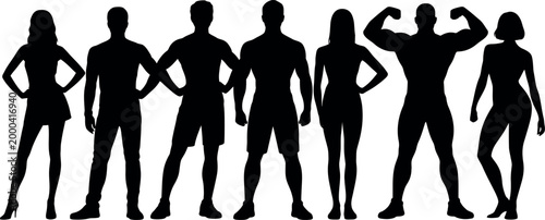 Diverse group of athletic people showcasing different body types and poses isolated on transparent background