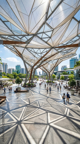 High-angle vertical shot of a modern urban plaza with a giant geometric canopy casting shadows over a pedestrian area