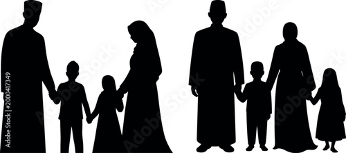 Silhouettes of Muslim families walking together holding hands in a diverse group