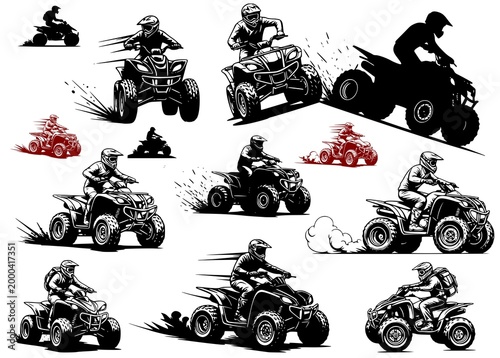 Set of ATV quad bike rider silhouettes. Dynamic black and white vector illustrations of extreme off-road motorsport isolated on white background
