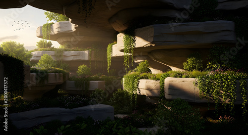 Stunning layered rock formations with lush hanging gardens and greenery in a sunlit natural cavern