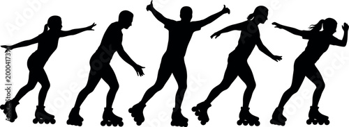 Silhouettes of individuals engaging in roller skating in various dynamic poses demonstrating movement and action