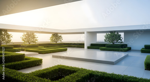 Modern rooftop garden with geometric hedges and trees