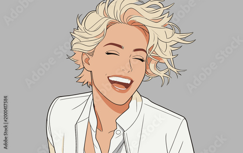 Joyful young person with messy blonde hair laughing happily