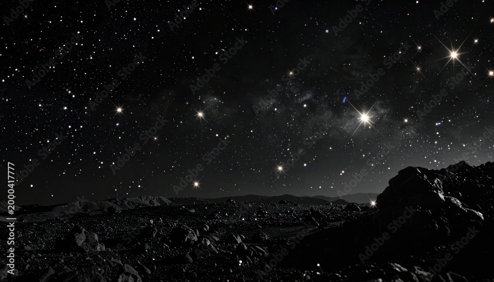 Fototapeta premium Cosmic expanse, stellar brilliance, desolate terrain, ethereal glow
