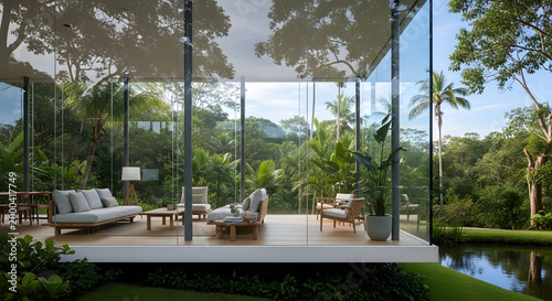 Modern glass house living room interior with lush tropical forest view and outdoor pond