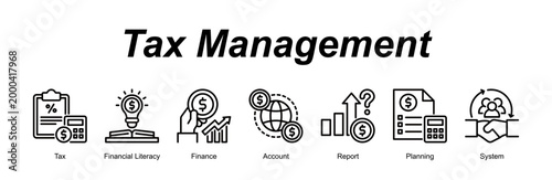 Tax Management banner web icon vector illustration concept with an icon of Tax, Financial Literacy, Finance, Account, Report, Planning, System 