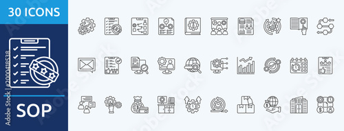 sop
 - Icon Collection. Thin outline Set contains such Icons as operating, standard, procedure, protocol and more. Simple web icons set
