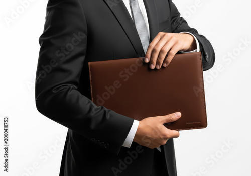 Businessman holding brown leather folder isolated on white background