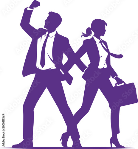 Successful Business Couple Silhouette, Energetic Professionals Celebrating Corporate Victory and Career Growth