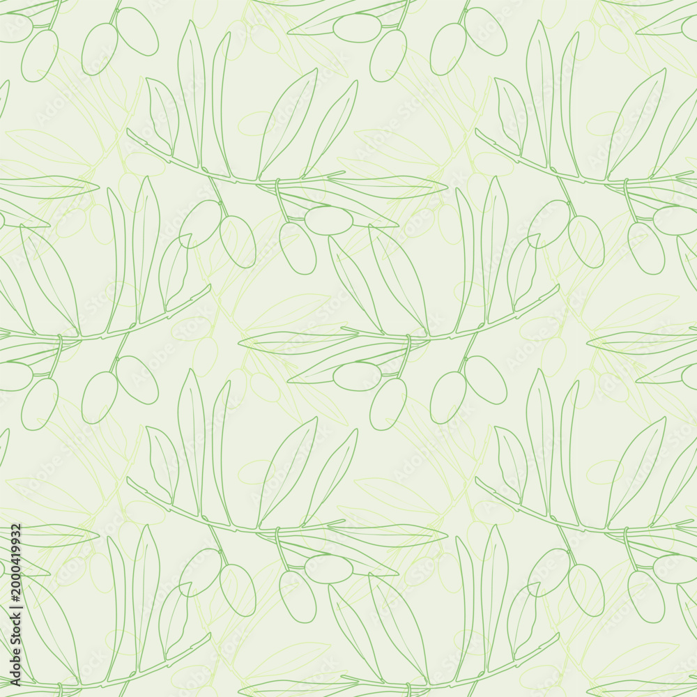 Fototapeta premium pattern of minimalist hand-drawn olive branches in line art style on light green background for organic cosmetics branding, mediterranean wellness decor and eco-friendly packagin