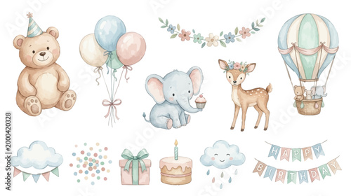 Baby shower celebration clipart, soft watercolor party theme. Collection of Vector illustrations for invitation, card, poster, banner, decoration
