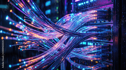 Glowing Fiber Optic Cables Server Room Blue Purple Data Network Technology Infrastructure Digital Background