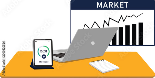 Business Market Growth Analysis Workspace with Laptop, Smartphone and Timer