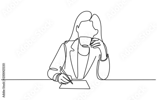 Continuous line drawing of a woman in a suit drinking coffee and writing with single line one hot drink beverage cup business minimalist illustration productive concentration