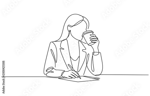 Continuous line drawing of a woman in a suit drinking coffee and writing with single line one hot drink beverage cup business minimalist illustration productive concentration