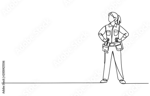 Line drawing of a female construction worker with tool belt single line white background construction workwear profession tradesperson illustration minimalist occupational handyman engineer