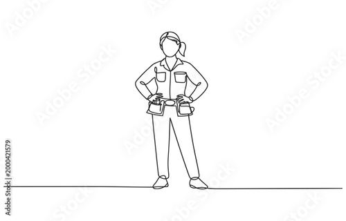 Vector illustration of a woman in work clothes with tool belt single line white background construction workwear profession tradesperson illustration minimalist occupational handyman