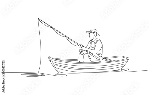 Fisherman in a boat one line illustration cane pole fisherman continuous illustration activity recreation peaceful minimalist adventure countryside tranquil solitude stillness patience