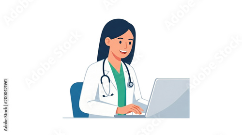 Smiling female healthcare professional using laptop computer vector illustration for International Thalassemia Day medical awareness and hematology care concept.
