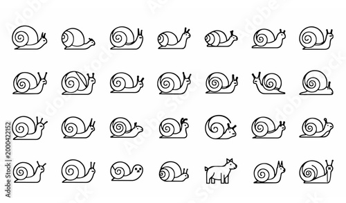 Minimalist snail outline icon set with editable stroke simple spiral shell animal vector collection