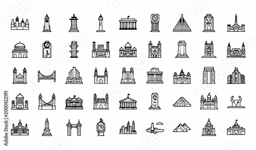 World landmarks outline icon set with famous places travel monuments and global destination symbols