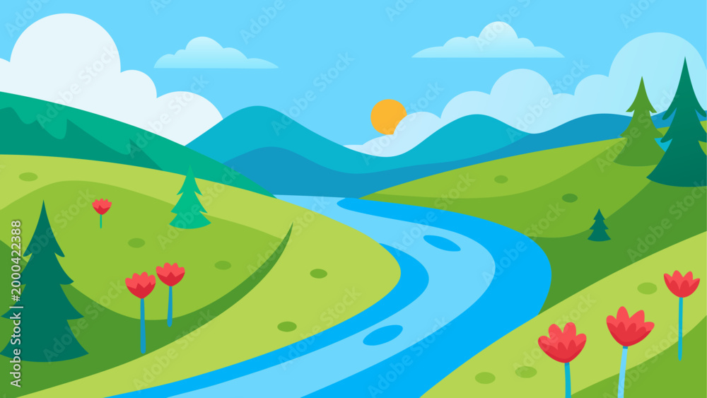 Fototapeta premium Curvy river flowing through green countryside with blue sky