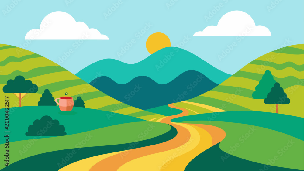 Fototapeta premium Hot air balloon floating over green hills and blue sky