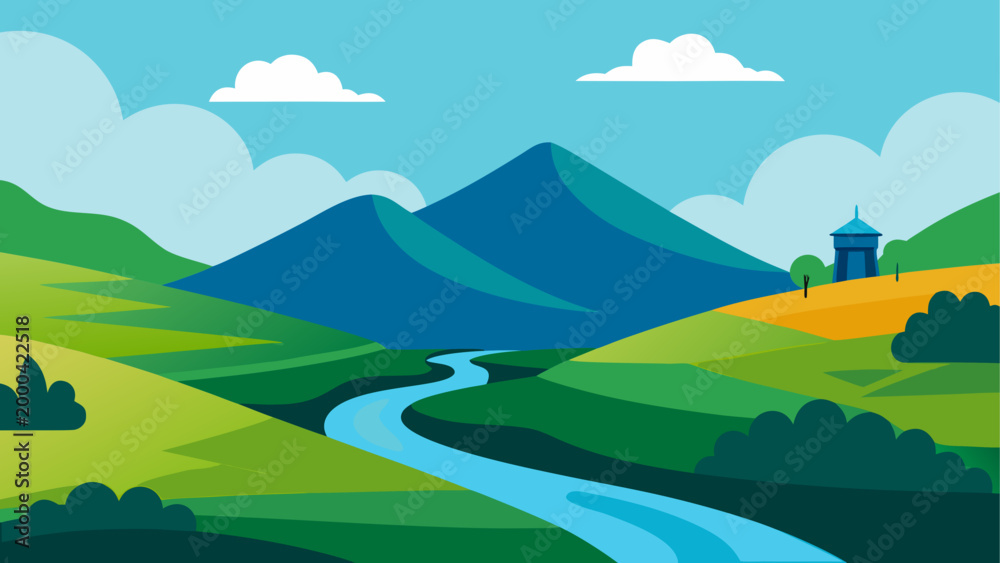 Fototapeta premium Green valley with river and mountains under blue sky