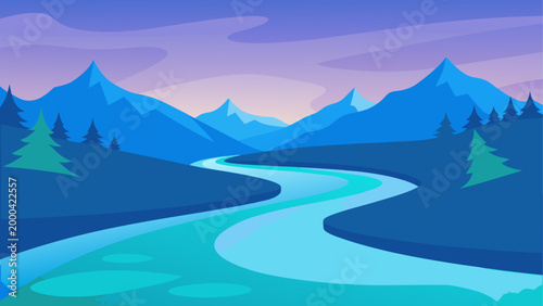 Mountain river flowing through a snowy forest at dusk