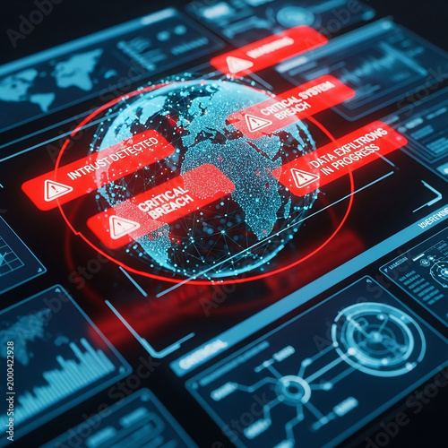 Global digital security breach alert illustration with critical system warnings and data exfiltration in progress