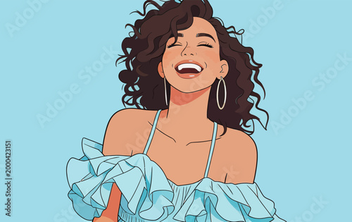 Joyful Curly Haired Woman Laughing Happily in Ruffled Top
