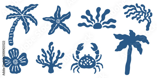 Hand drawn summer boho element set. Tropical coastal naive beach and sea vector illustration with palm trees, crab, flowers, sun, seashells, seaweed for designs, poster prints