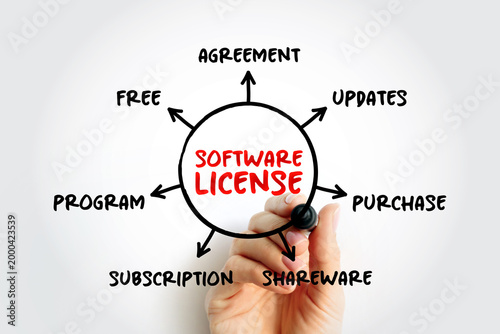 Fotografie SOFTWARE LICENSE mind map showing agreement, updates, purchase, shareware, subscription, program, and free terms