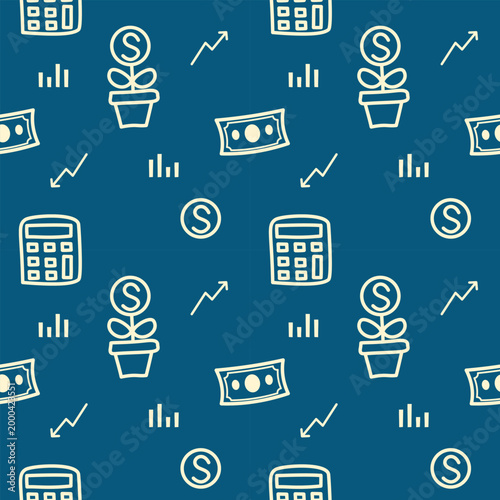 Calculate draw cartoon so cute. On coin pot banknotes arrow bar chart blue background. Pattern seamless vector illustration. 