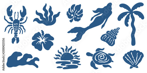 Hand drawn summer boho element set. Tropical coastal naive beach and sea vector illustration with palm trees, waves, flowers, sun, seashells, wave, mermaid, tropical leaves for designs, poster prints