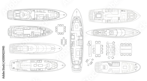 Set of luxury yacht deck plans and furniture layouts