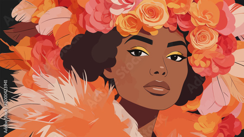 Gorgeous Black Woman with Floral and Feather Headpiece