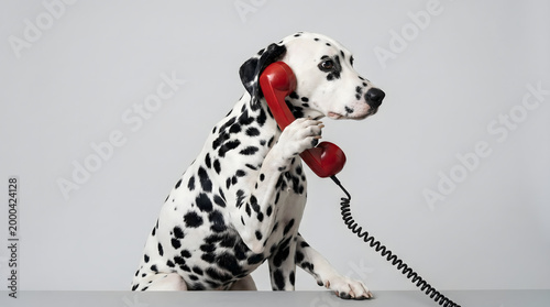 Dalmatian Dog Dressed as a Receptionist Answering a Red Phone on a Desk, Studio Portrait